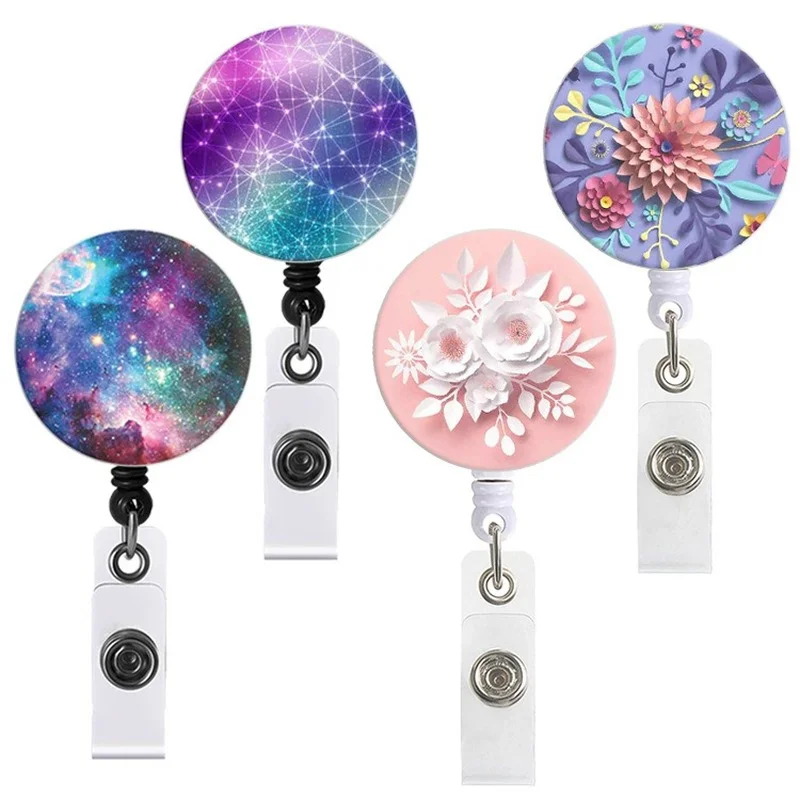 3D Flower Colorful Starry Sky Pattern Retractable Nurse Name ID Badge Reel Lanyard for Staff Student Pass Work Card Accessories