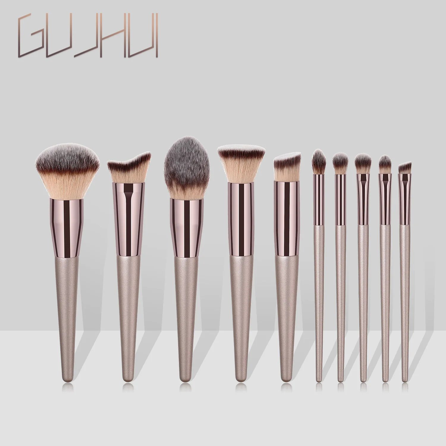 

GUJHUI Portable 10 pcs Makeup Brushes Tools Concealer Champagne Gold Set Eye Shadow Loose Powder Make Up Eyebrow Brush