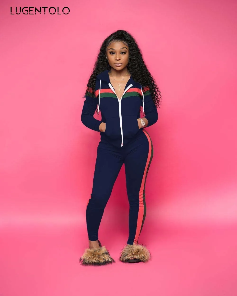 

Lugentolo Women Two Piece Set Hooded Casual Sports Long Sleeve Zipper Stripe Stitching Pocket Long Pants Female Sets