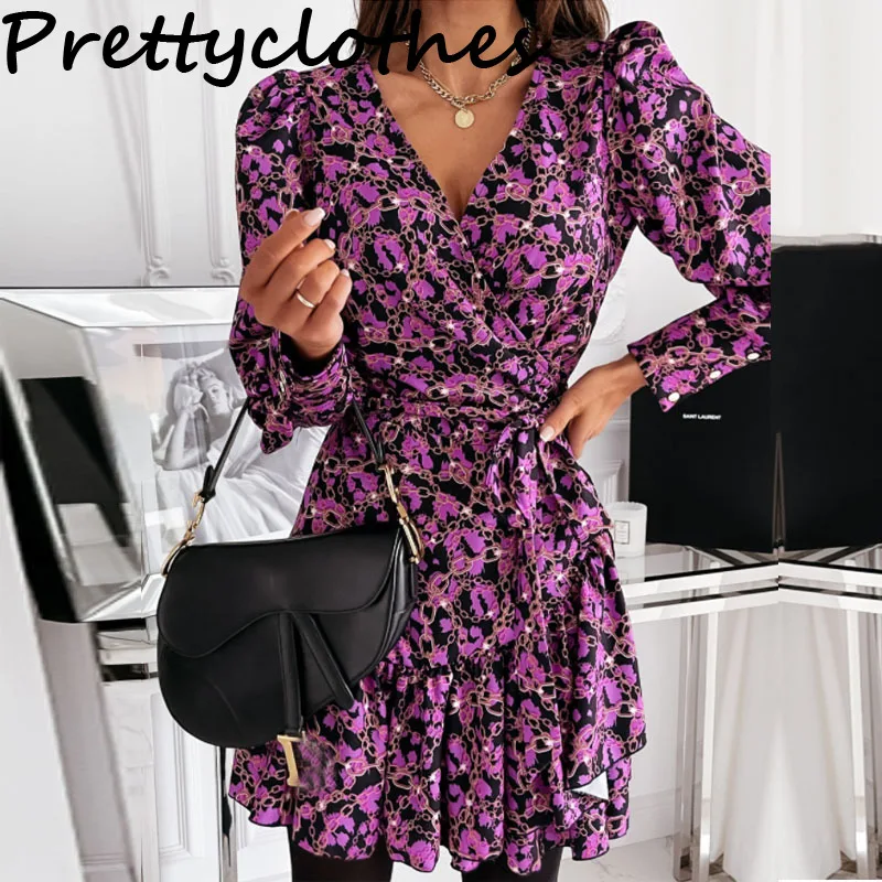 

Spring And Autumn Printed V-Neck Waist Long Sleeve Dresses Casual High Waist Female Mini Skirt Sexy Dress Women Clothing 2021