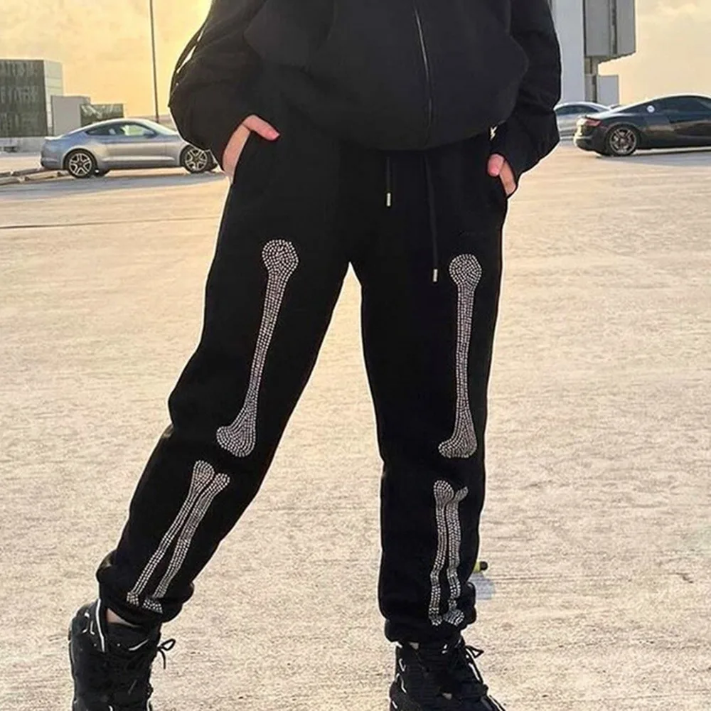 

Bone Rhinestone Printed Black Sweatpants Women High Waist Cargo Pants Joggers Trousers Gothic Punk Style Sportswear New NIBESSER