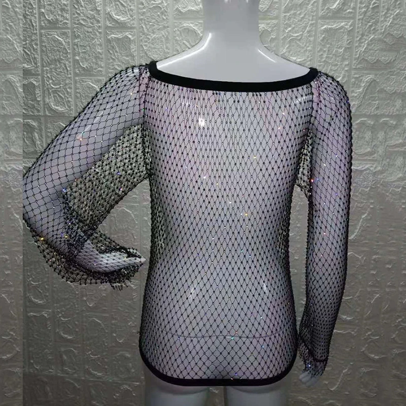 Блестящие Футболки Стразы в сеточку черные сетчатые прозрачные с длинным