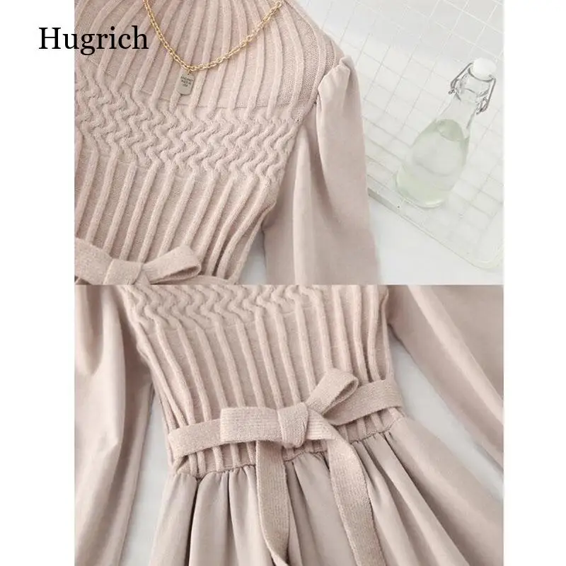 

2021 Elegant Solid Women Dress Fashion Korean Half high collar Puff Sleeve Splice Knit Dresses Autumn Vintage Corduroy Dress