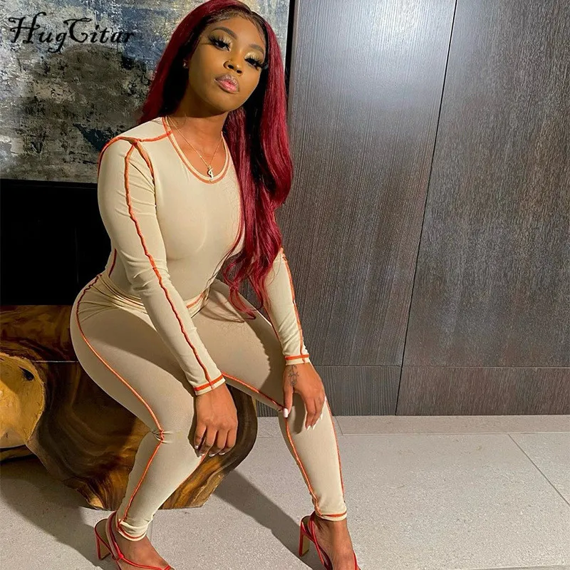 Hugcitar 2020 с длинным рукавом сетчатый щелевой Bodycon боди леггинсы комплект из 2