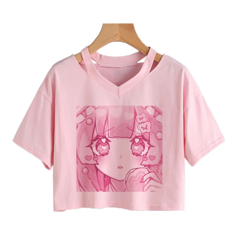 

Women Fashion Cute clothes kawaii Print Tee Punk Short sleeve T-Shirt Casual Loose Pink Anime Graphic V-neck Crop Top streetwear