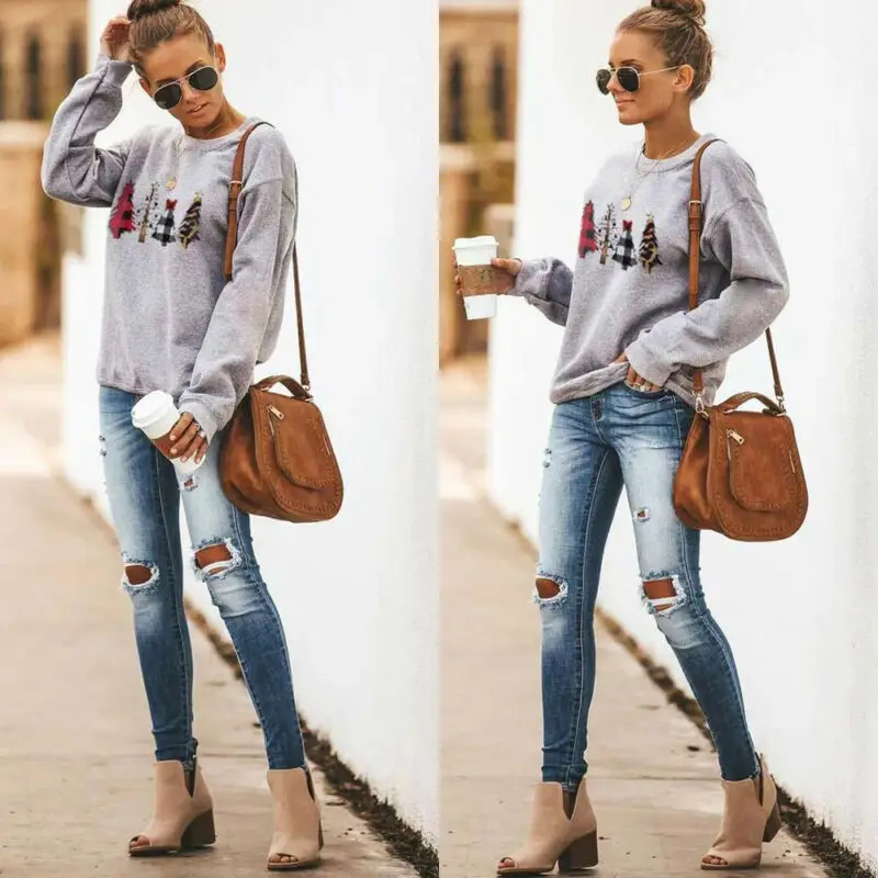

Goocheer Fashion Sweatshirts Women Ladies Long Sleeve Pullover Tops Autumn Casual Crew Neck Christmas Tree Sports Tops S-3XL
