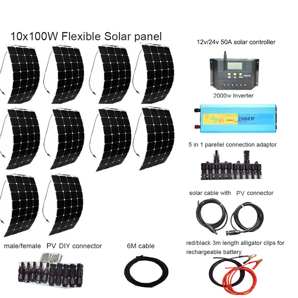 Гибкая солнечная панель 12 В 1000 Вт генератор для домашней фотоэлектрической