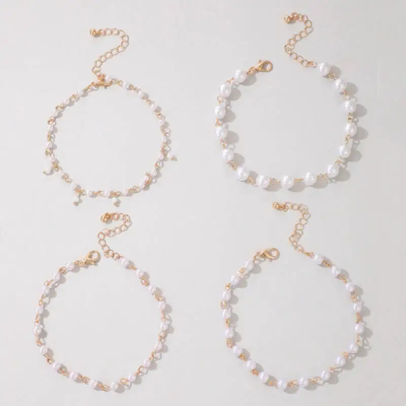 

UOTIX Simple Generous Tassel Foot Ornaments Female Beach Imitation Pearl Anklet 4-Piece Set For Women Jewlery Gift