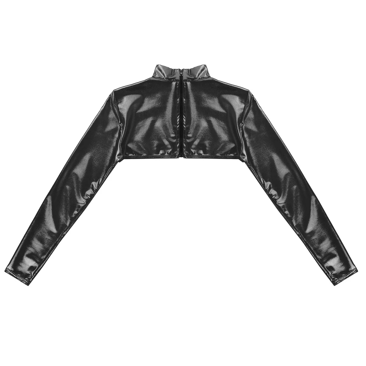 Женский Блестящий металлический короткий топ с длинным рукавом и молнией сзади