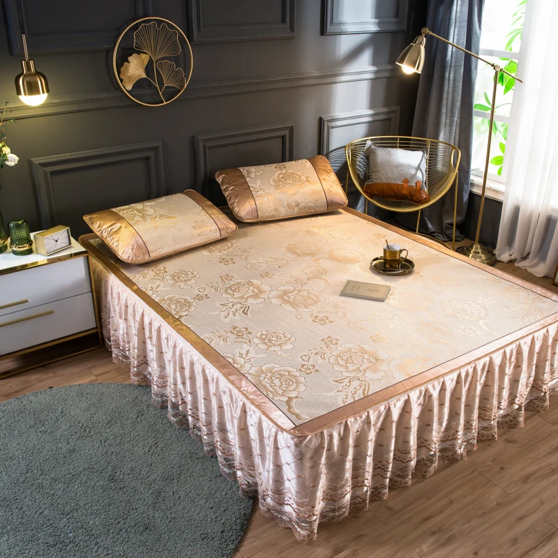 

Summer cool bed skirt golden lace Mat kit super king 200*220cm Mattress Cover Jacquard fitted sheet Viscose fiber bed protection