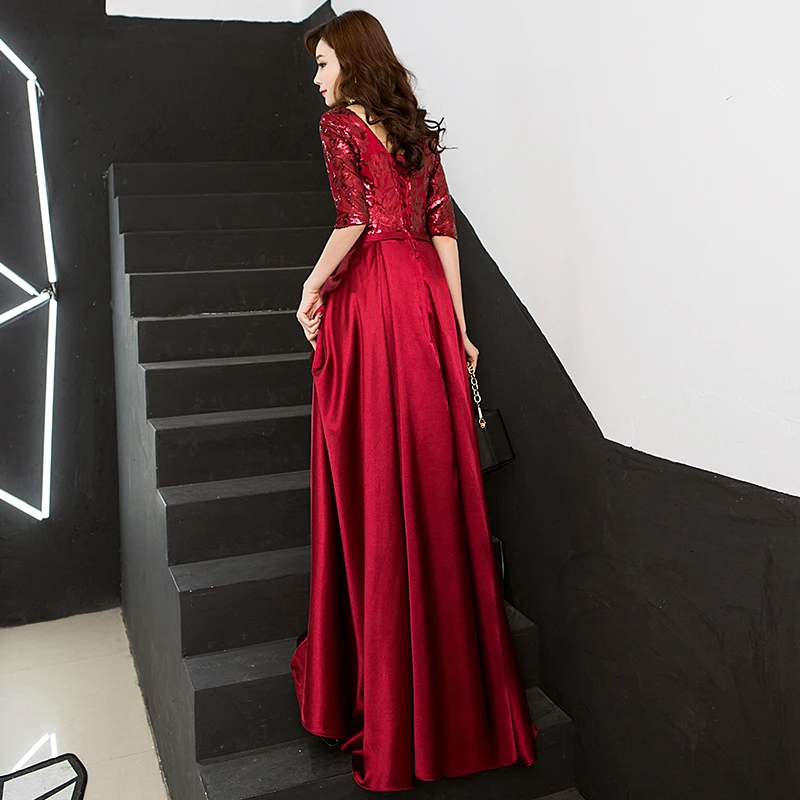Женское вечернее платье Beauty-Emily бордовое атласное с V-образным вырезом рукавами