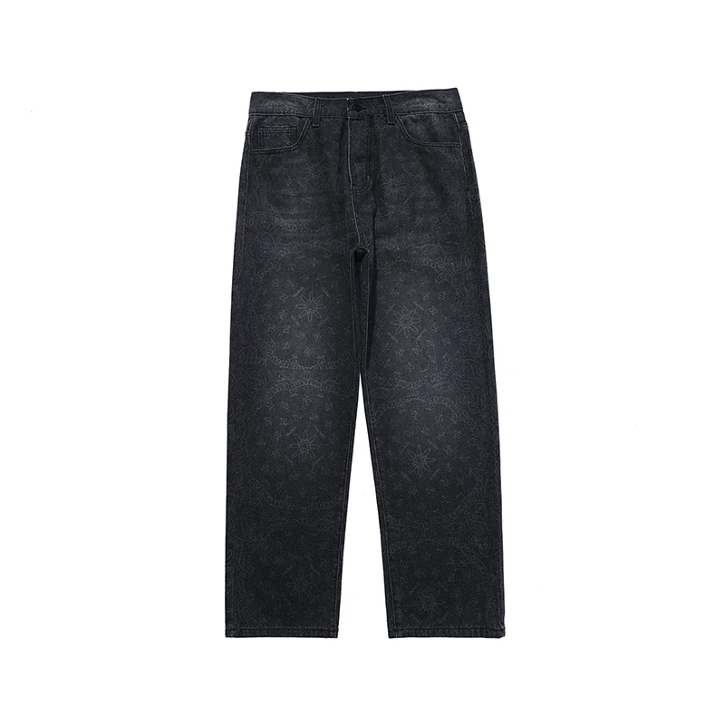 

High Street Full Print Washed Casual Jeans for Men and Women Harajuku Straight Frayed Loose Denim Trousers Retro Jean Pants