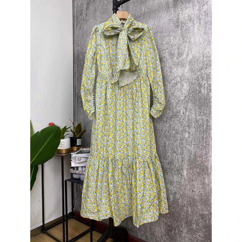 

Новая распродажа! Женское винтажное Хлопковое платье, длинное платье с воротником-хомутом, бантом и цветочным принтом, оборками и открытой спиной, 10,29