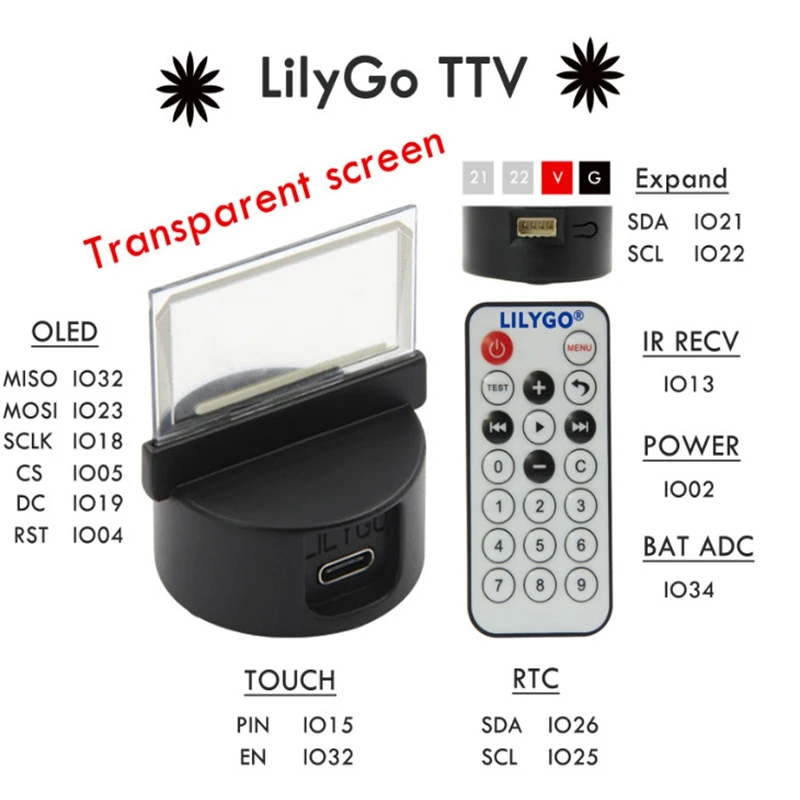 

LILYGO TTV with OLED Transparent Screen IR Remote Control ESP32 Programmable Mini TV for Arduino Micropython