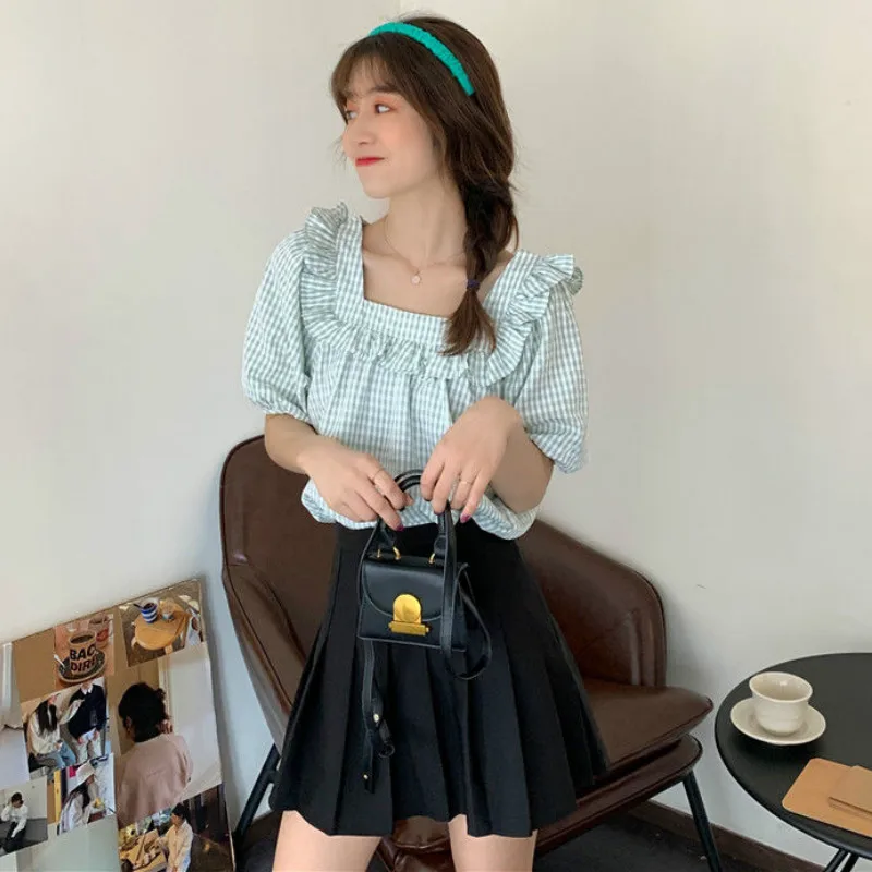 

Shirts Women Ruffles Pullovers Plaid Sweet Fresh Green Temperament Lovely Girls Preppy Loose Holiday Korean Style Ladies Popular