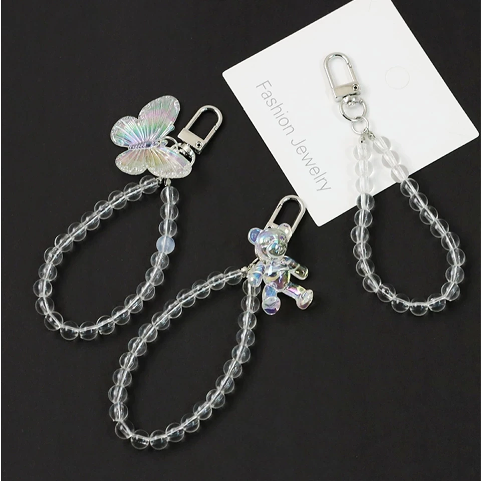 

Crystal Bear Butterfly Keychain Trendy Dreamy Transparent Bead Lanyards Keyring for Women Car Keys Bag Decor Pendant for Airpods