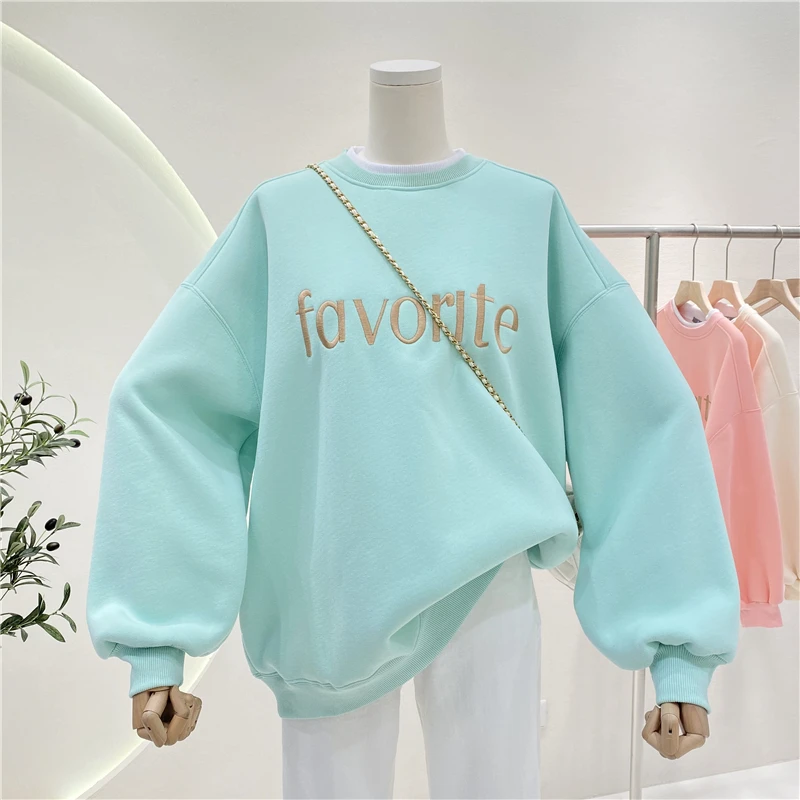 

Толстовка Женская с начесом, свитшот с вышивкой и надписью, плотный теплый Свободный пуловер в Корейском стиле, имитация двух предметов