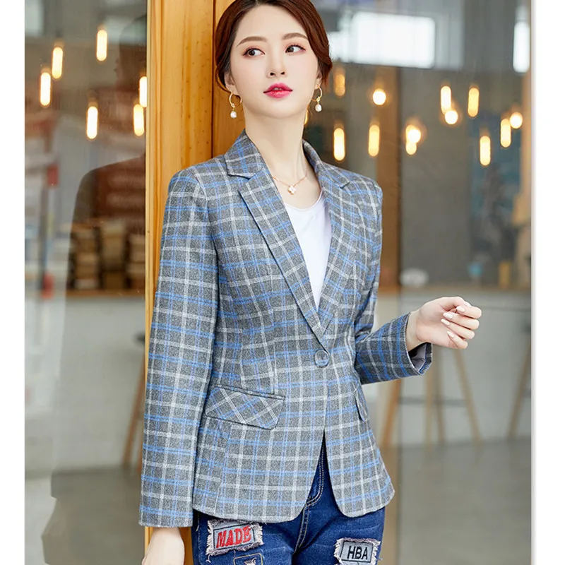 Женский клетчатый блейзер с длинным рукавом и двумя карманами|Женские пиджаки| |