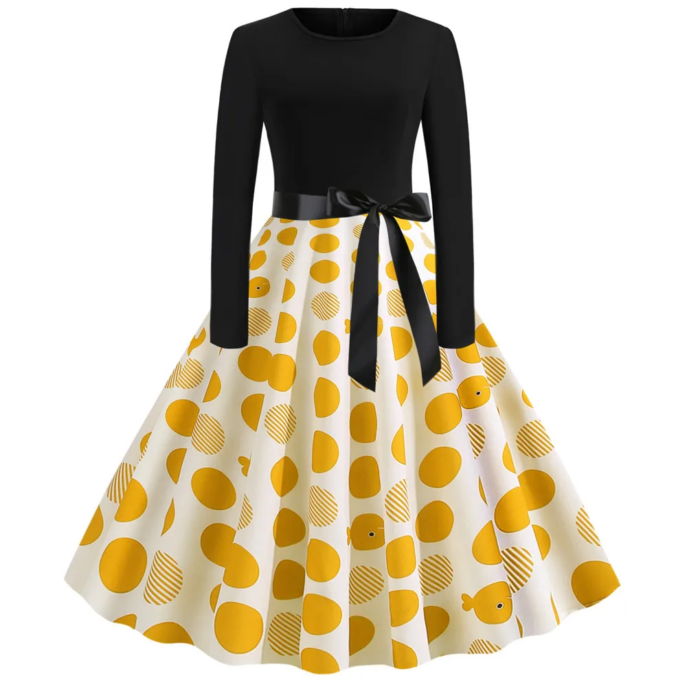 

Fashion Plaid Elegant Bow Party Dress Women Casual O-Neck Winter Long Sleeve Dress Polka Dot Print Vintage Knee-Length Dresses