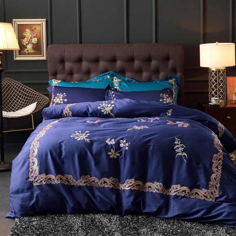 J 4 шт. синий роскошный комплект постельного белья из египетского хлопка