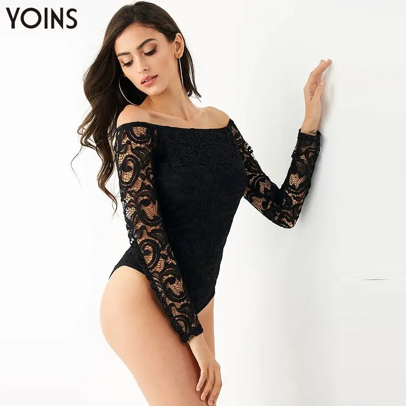 YOINS кружевное сексуальное боди женские комбинезоны весна осень длинный рукав с открытыми плечами Облегающий комбинезон черный комбинезон боди Топы