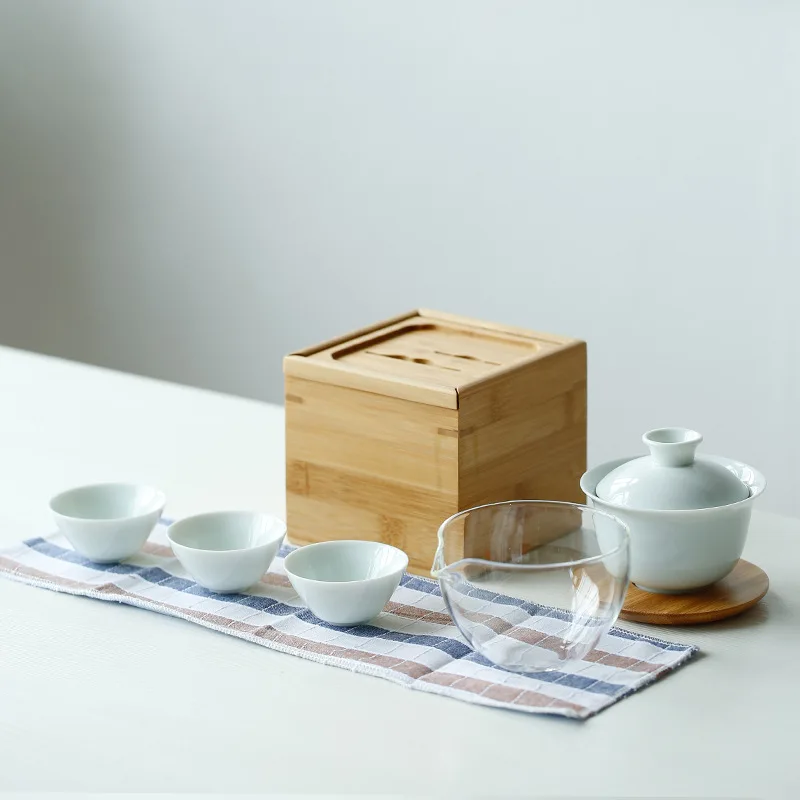 

1 Gaiwan 3 Cup Ceramic Kungfu Teaset Wooden Gift Box Chinese Jingdezhen White Porcelain Teaware Sets Vintage Tea Ceremony Teapot