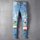 Винтаж лоскутное отверстия синие джинсы Для мужчин Slim Fit дизайнерские Королевский узор Джинсы Брюки Для мужчин большие Размеры в стиле хип-хоп вечерние джинсовые брюки