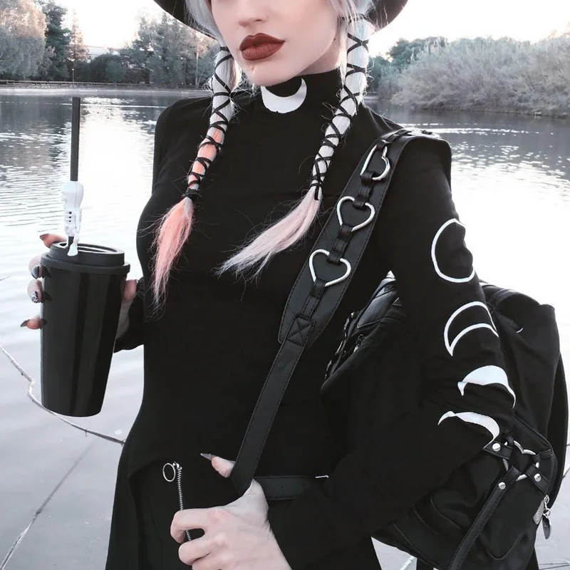 Женское облегающее платье Goth черное с высоким воротом и принтом Moon длинным
