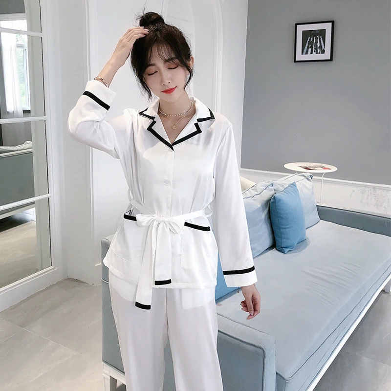 Корейские элегантные белые Сатиновые женские пижамные комплекты из ледяного