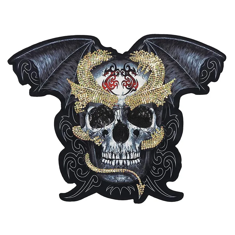 

Hot sale! Fashion Sequins large Skull Embroidered Patches for Full Back Size of Jackets clothes Motorcycle Biker Patch 62CM*49CM