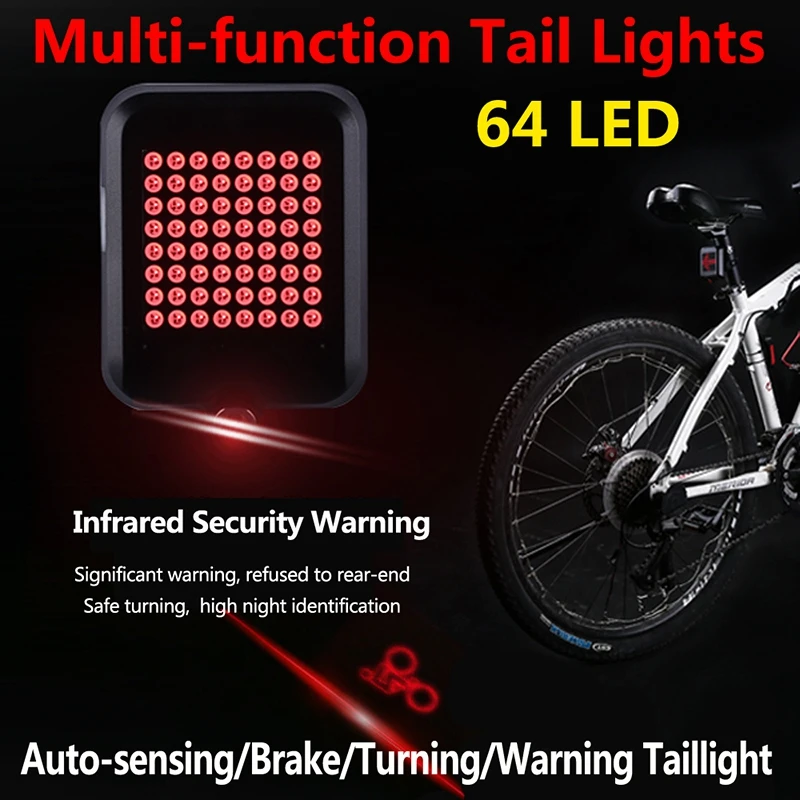 USB Rechargeable Bike Tail Light 80 Lumens 64 LED Beads Bicycle Turn Signal Lights with ligent Sensor Brake Sign | Спорт и