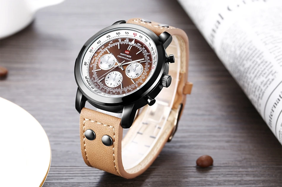 Airplane Sports Military Blue Dial Pilot Calendar Men Wristwatch Chronograph Fashion Casual Brand Army Brown Leather Watches