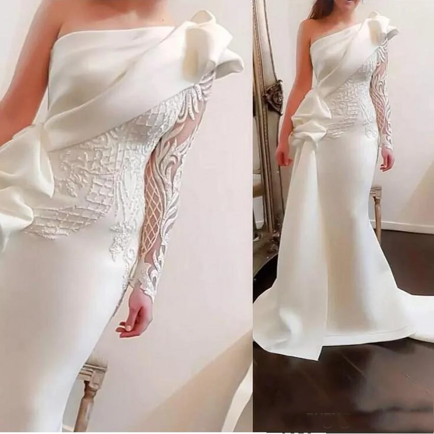 Вечернее свадебное платье с одним плечом и кружевной аппликацией длинное