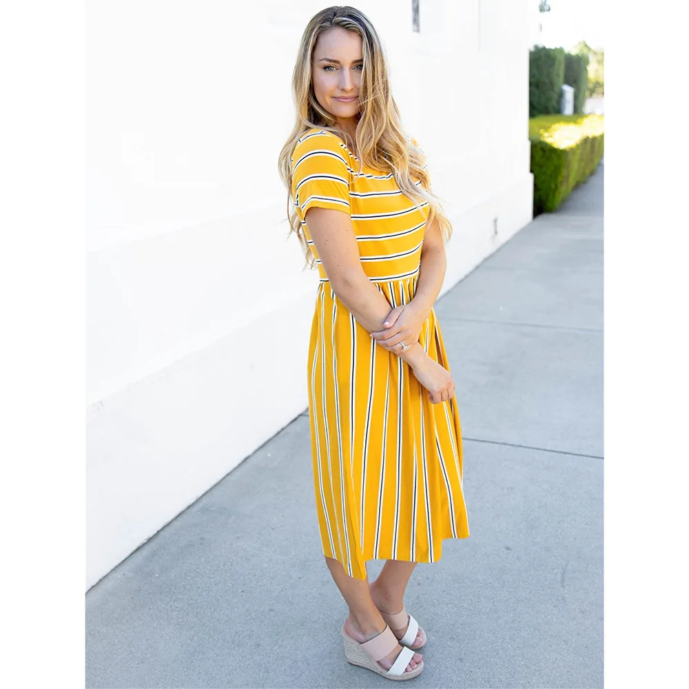 

A-Line Dress Women Summer 2021 Hot Sale Striped Print Casual Round Neck Short Sleeves Knee Length Dresses Comfortable Home Wear