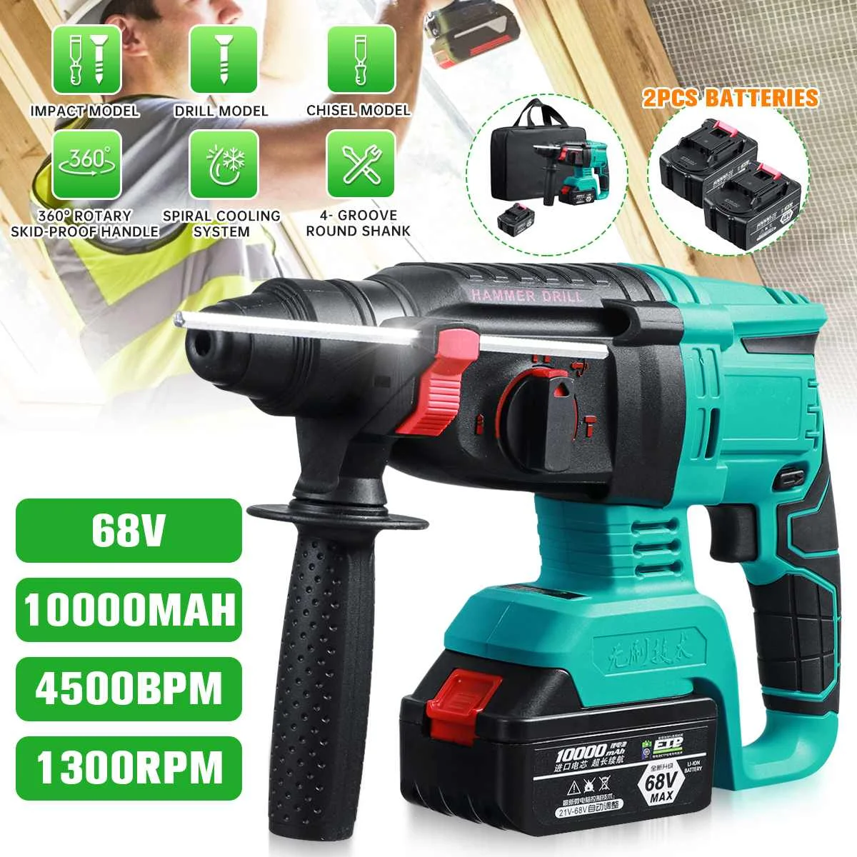 

Brushless Electric Rotary Hammer Rechargeable Multifunction Electric Hammer Impact Power Drill Tool with 2 Battery & Charger