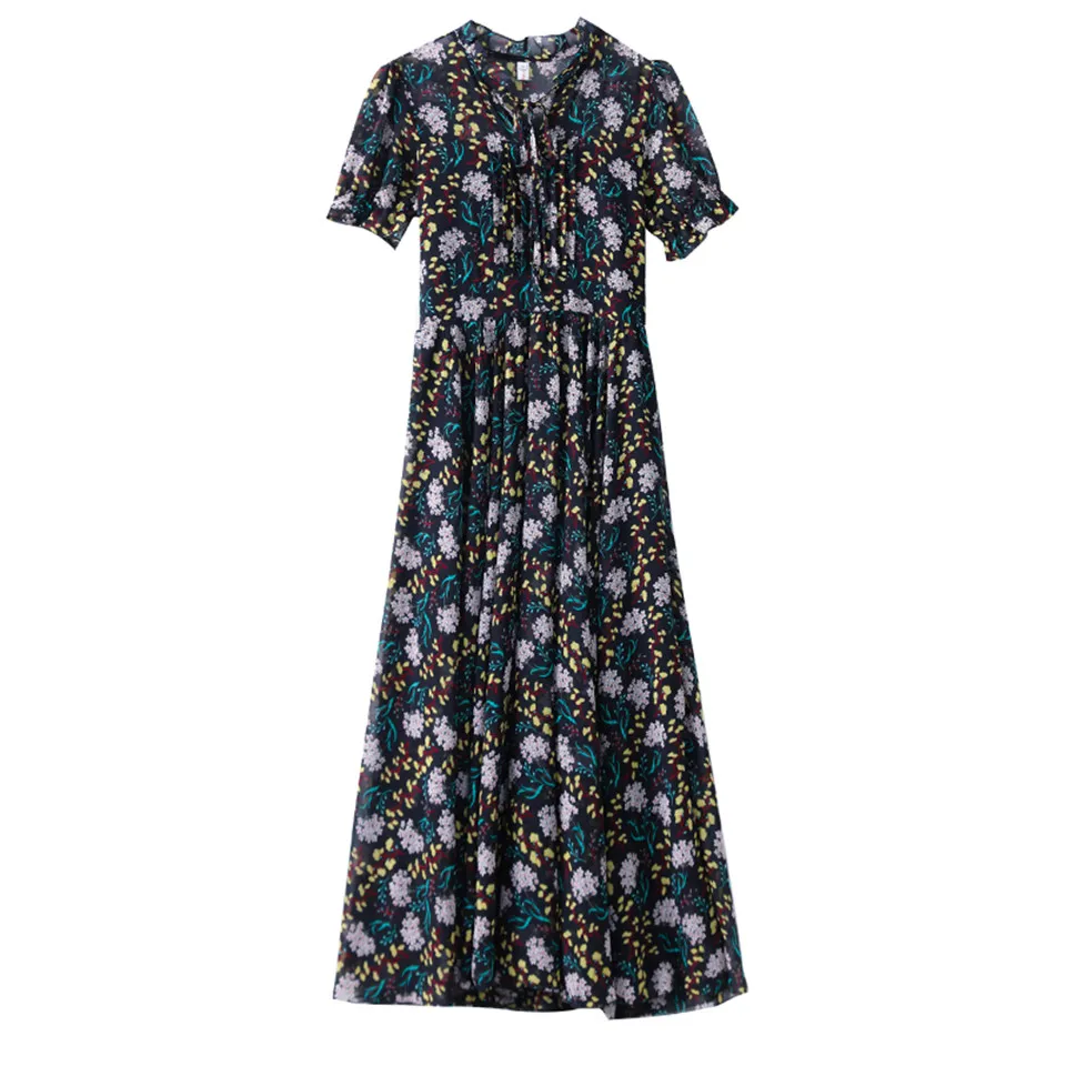 

Summer Boho Slim Chiffon Printed Pleated Dress Women Bow Elegant Big Swing Dress Retro Floral Holiday Party Dress Female