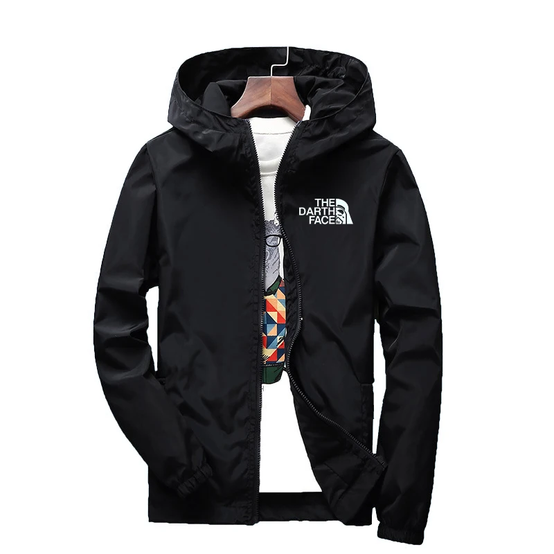 

New spring men's casual fashion thin windbreaker outdoor hiking windproof hooded zipper jacket solid color coat 7XL
