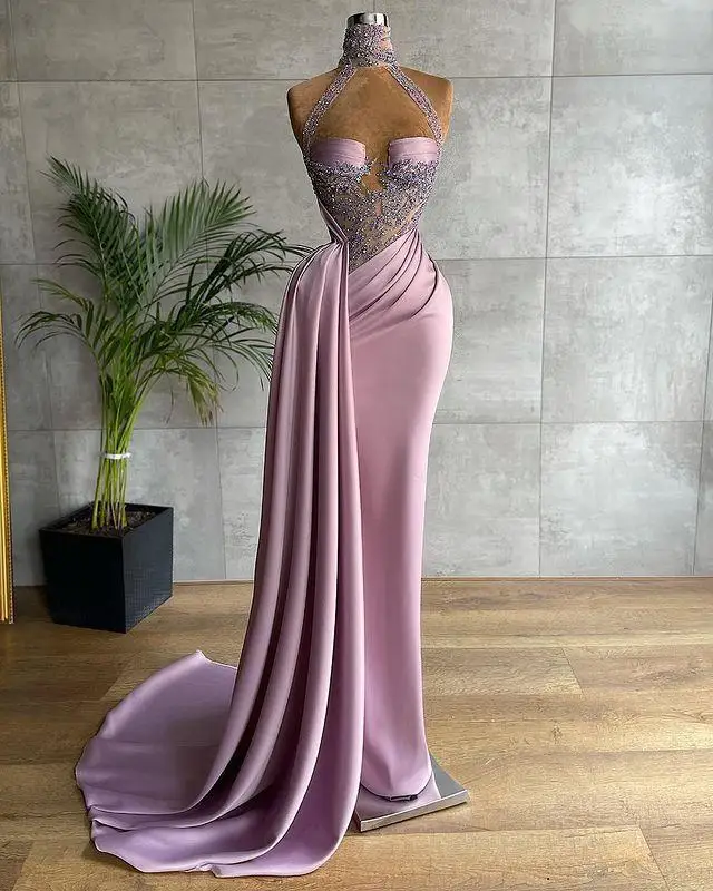 

2021 Arabic Plus Size Lilac Lace Beaded Evening Dresses High Neck Sexy Sheath Prom Formal Party Second Reception Gowns
