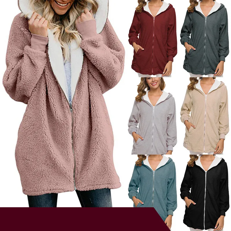 

Leosoxs 2020 Autumn Winter New Fashion Hooded Women's Jacket Casual Slim Solid Zipper Pocket Ladies Fluff Jacket Coats Plus Size