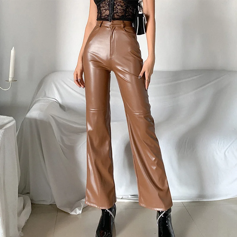 

Women Straight Pu Leather Pants High Waist Slim Trousers Ins Fashion Lady's Pant Solid Elegant Female Casual Trouser Autumn 2021