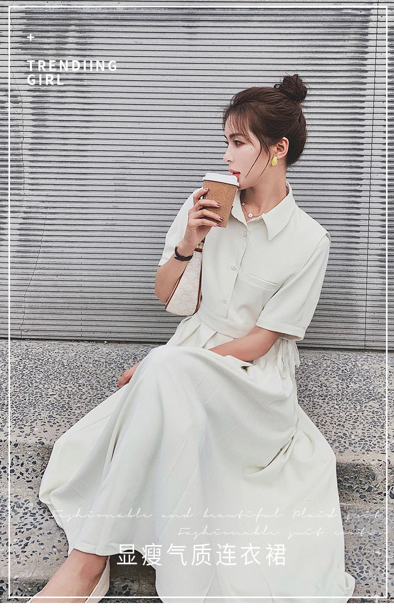 

White Dress for Women 2021 Summer Short Sleeve Slim Korean Elegant Mid-Calf Shirt Dress Female Long Pleated Dresses