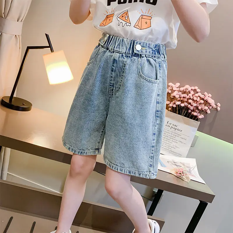 Джинсовые шорты для маленьких девочек модные синие потертые Широкие штаны из