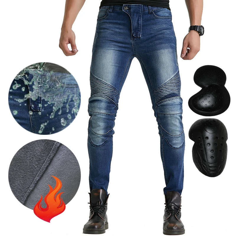 

Kominie Moto Pants Plus Velvet Stretch Thick Waterproof Motorcycle Rider Racing Denim Jeans Autumn Winter With Protective Gear