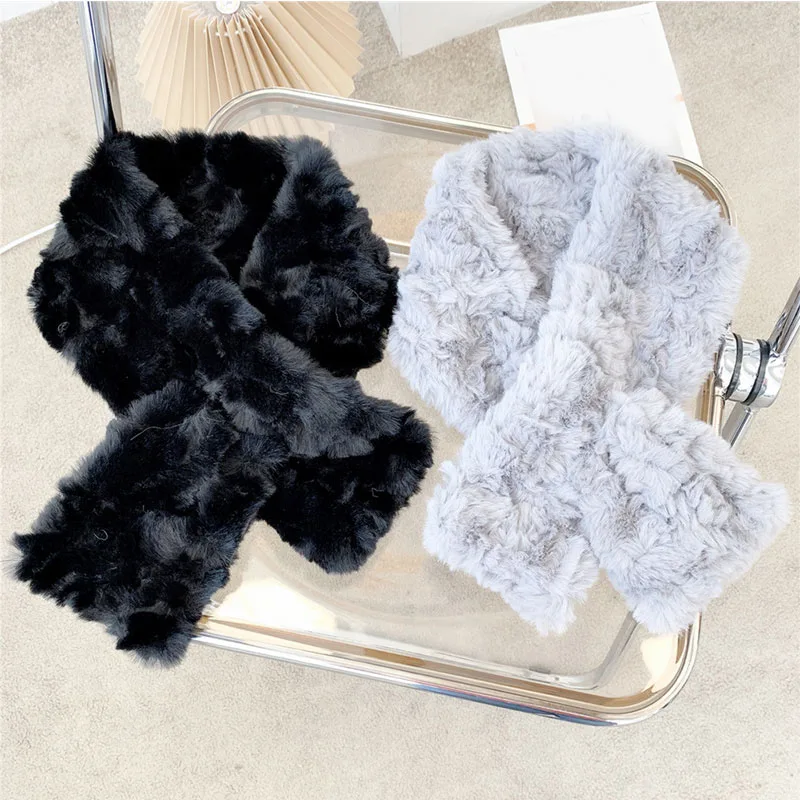

Women Wraps Men Plush Scarf Thick Warm Shawls Fluffy Cross Scarf Neck Warmer Solid Color Furry Collar Scarves Faux Fur Scarf