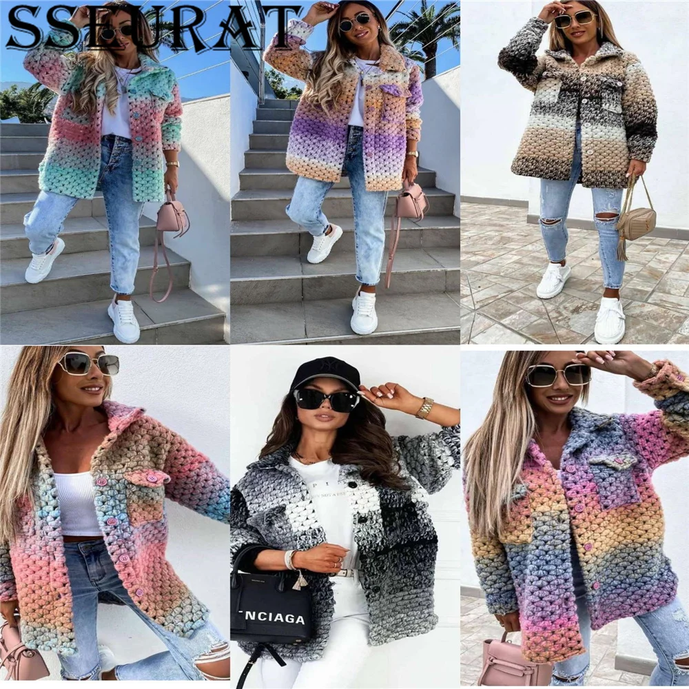 

SSEURAT Women Vintage Gradient Long Sleeve Outerwear Fashion Braided Twist Woolen Coats Lady 2021 Winter Thick Jacket Overcoat