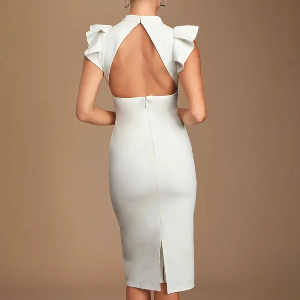 

Western Style New Temperament Commute Solid Color Ruffle Summer Mid-length Women's Dress Backless Sexy Slim Round Neck