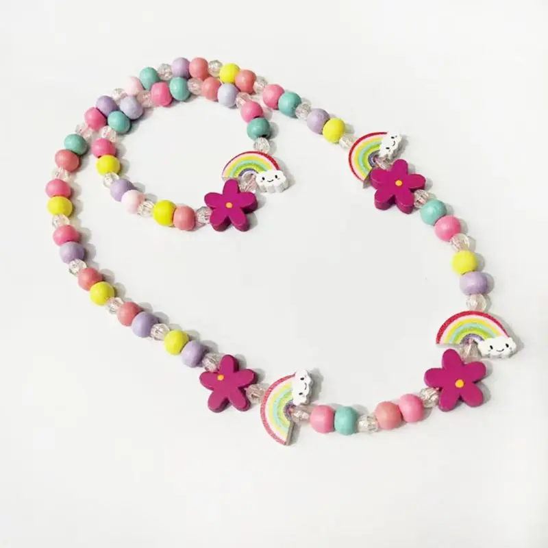 

1 Set Kids Mix Color Wooden Beads Necklace Bracelet Girls Princess Jewelry Children's Day Gifts