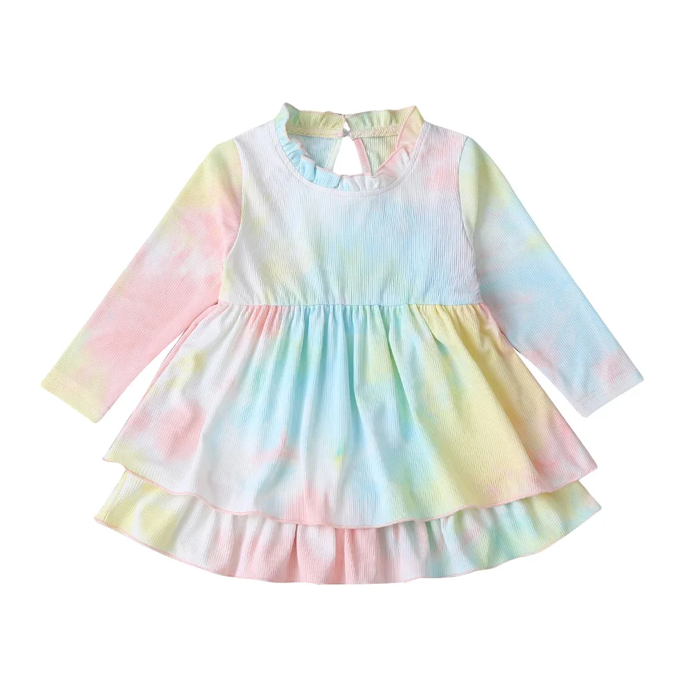

Winter 2020 Girls Dress Girls Summer Cute Dress Long Sleeve O Neck Tie-dyed Muti Casual A-line Dress Vestidos 3M-24M