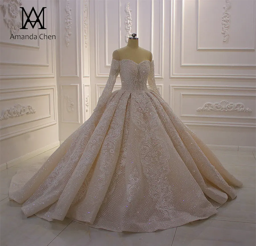 Robe de mariee с открытыми плечами Длинные рукава Кружева Аппликация блестящее свадебное платье цвета шампанского