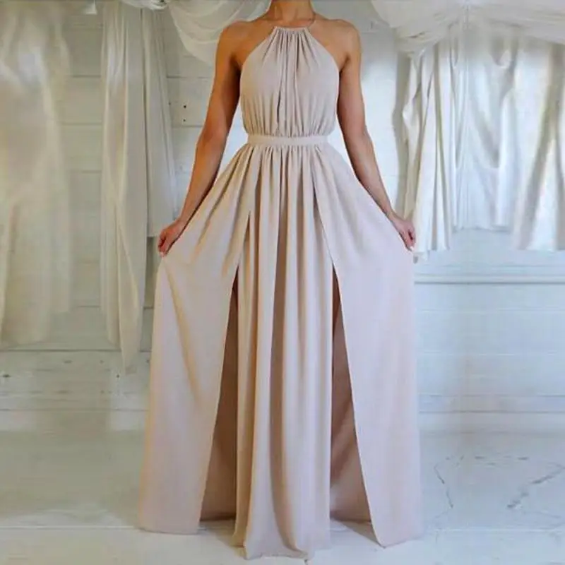 

New 2021 White Fashion Sexy High Neck Sleeveless Strapless Loose Solid Color One-Piece Dress